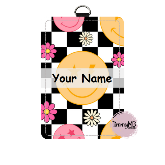 Checkered Smiley Daisy - Custom ID Badge Holder