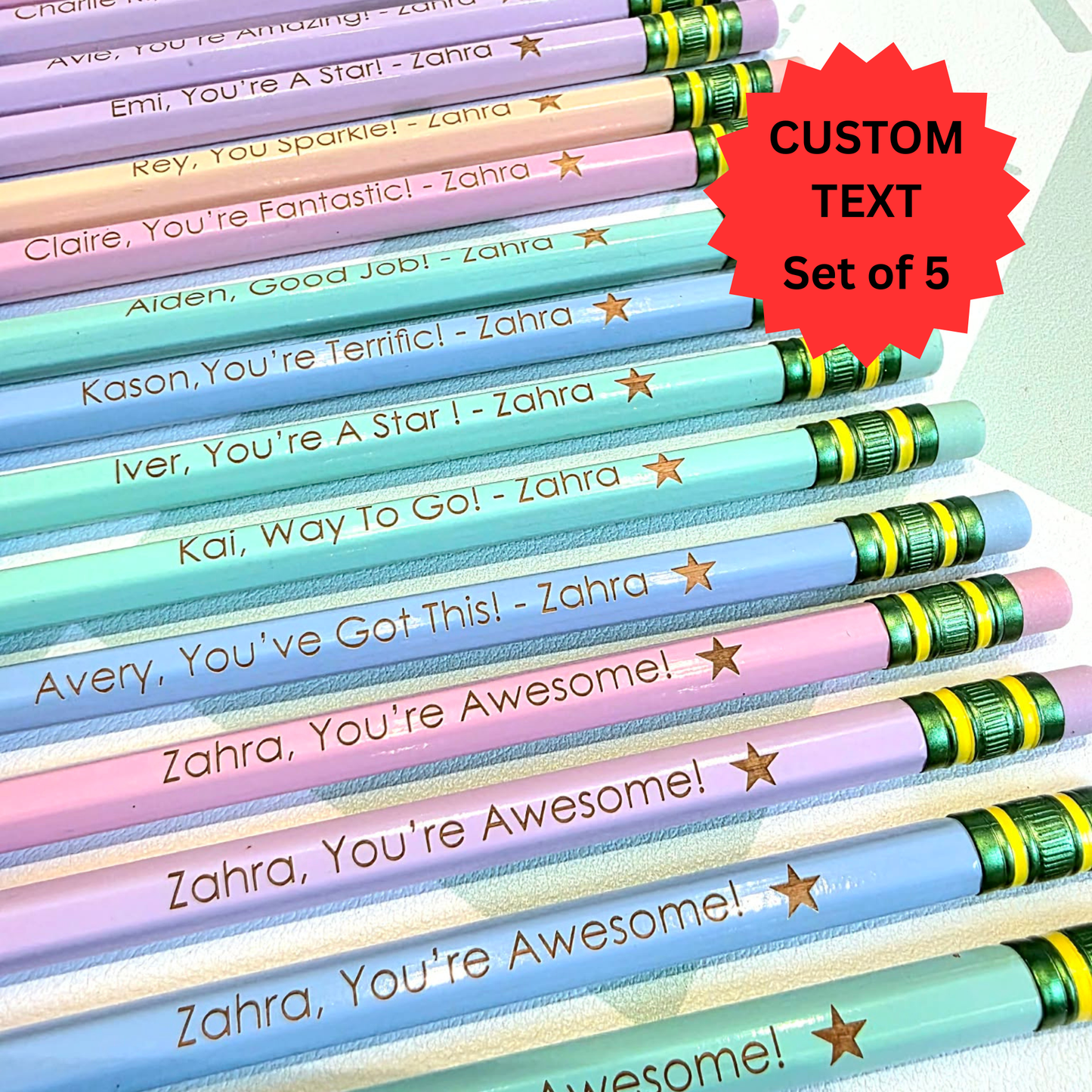 Personalized Pencils - laser Engraved - CUSTOM TEXT (Set of 5)