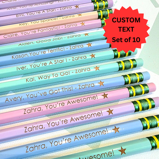 Personalized Pencils - laser Engraved - CUSTOM TEXT (Set of 10)